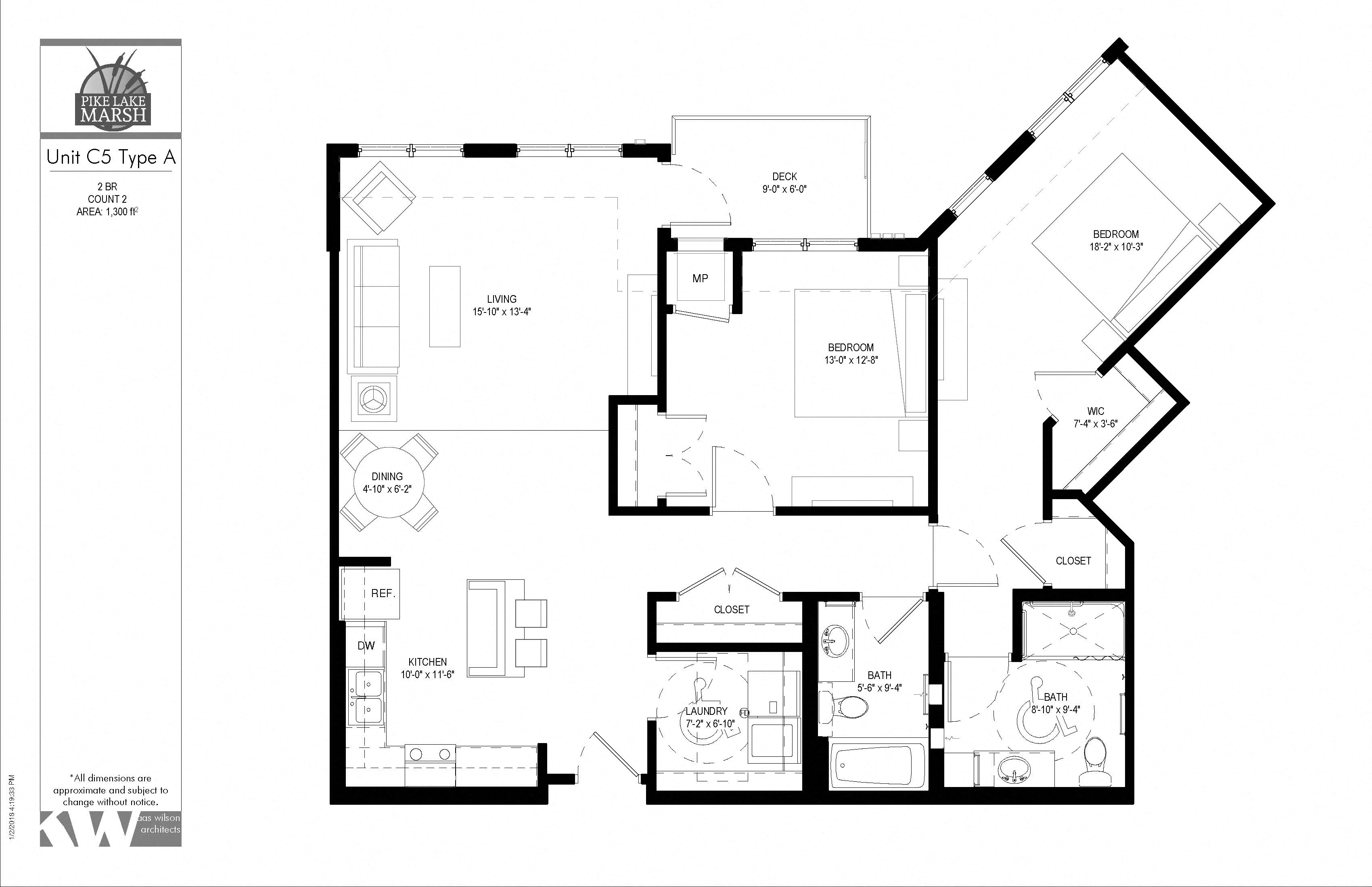 Floor plan for 2 beds, 2 baths, 1300 sqft